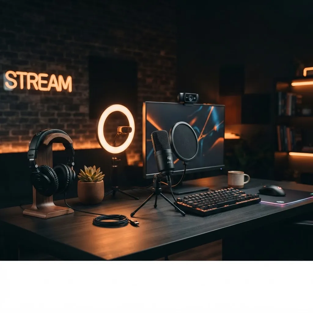 Budget streaming gear setup with webcam, microphone, ring light, and headphones