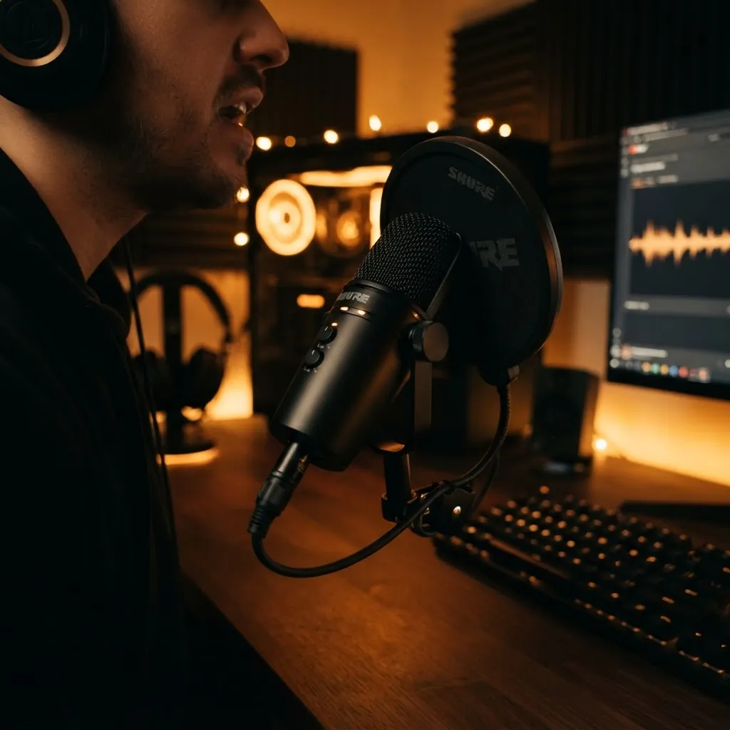 USB microphone with pop filter on a desk for streaming