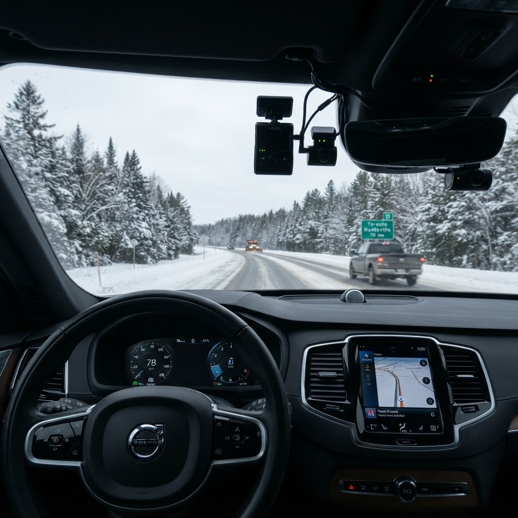 Three dash cameras mounted in a vehicle with a Canadian winter road visible through the windshield