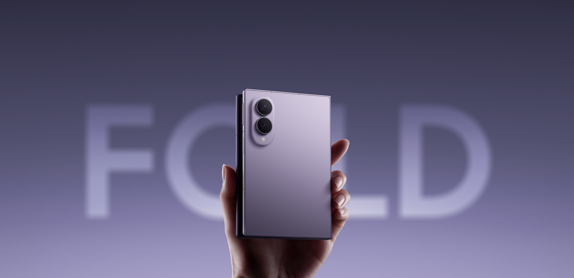 Samsung Galaxy Z Fold 8 unfolded showing the 7.6-inch main display in Lavender color with dual camera system