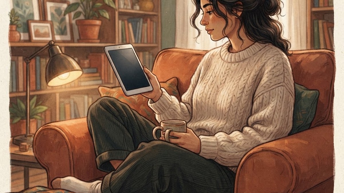 Person holding a small tablet, AI illustration