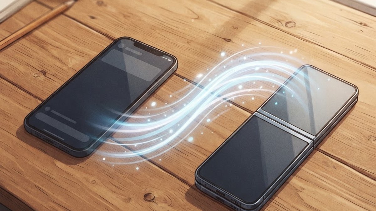 Smartphone beside a folded phone, data transfer concept, AI illustration