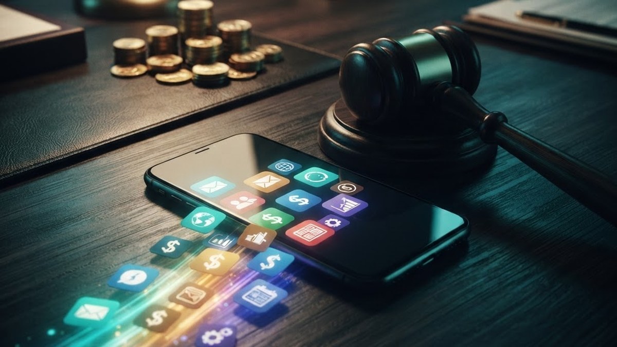 Smartphone with app icons beside a gavel