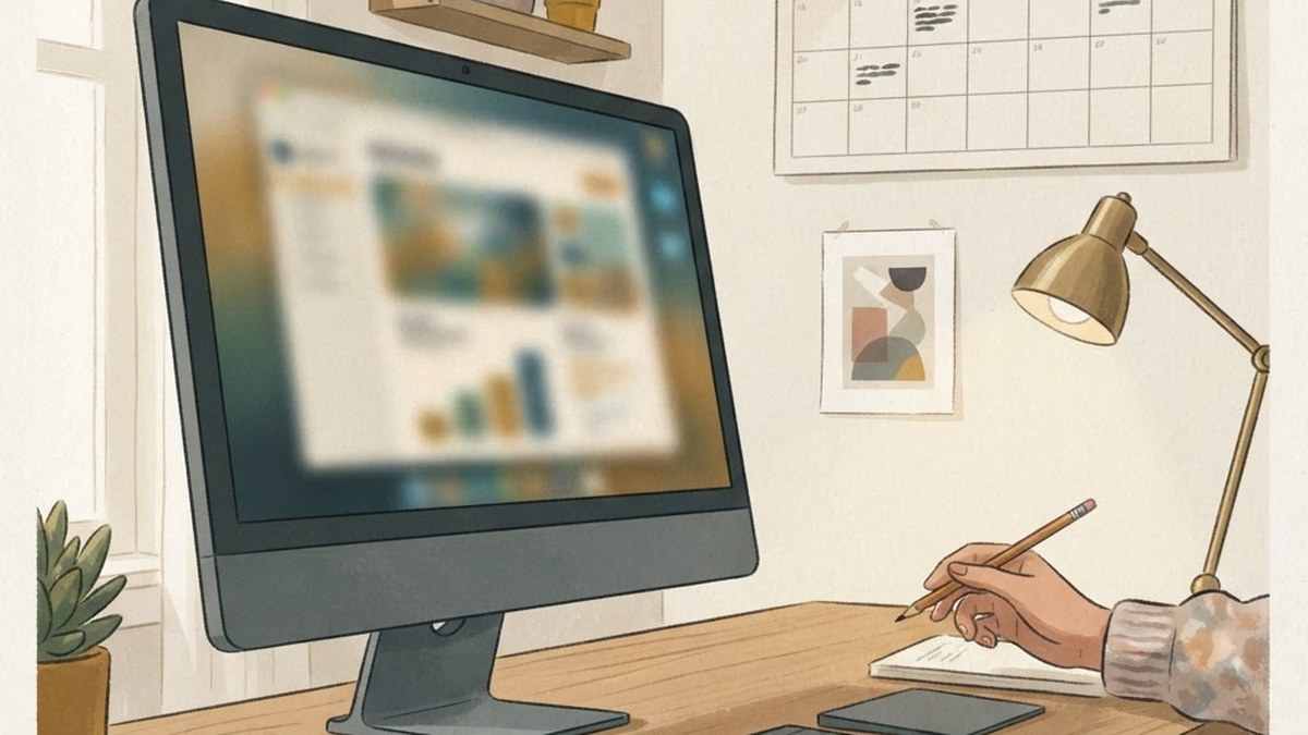 Desktop Mac on a desk with calendar, AI illustration