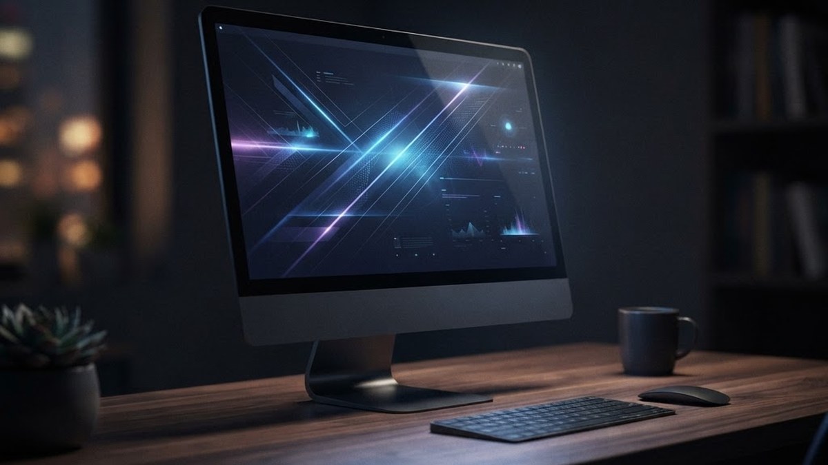 Mac computer on a desk, AI illustration