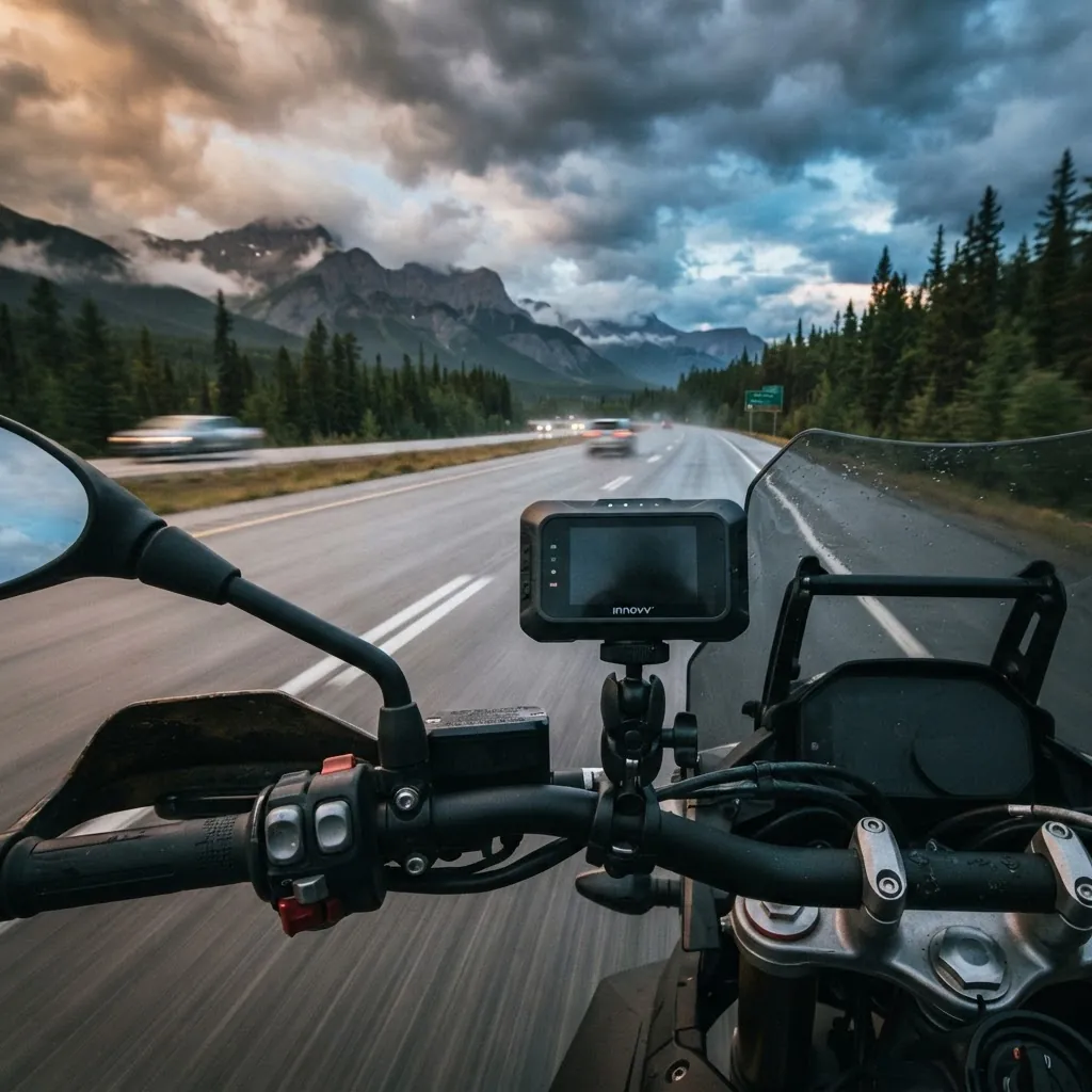 Motorcycle dash cam mounted on handlebars