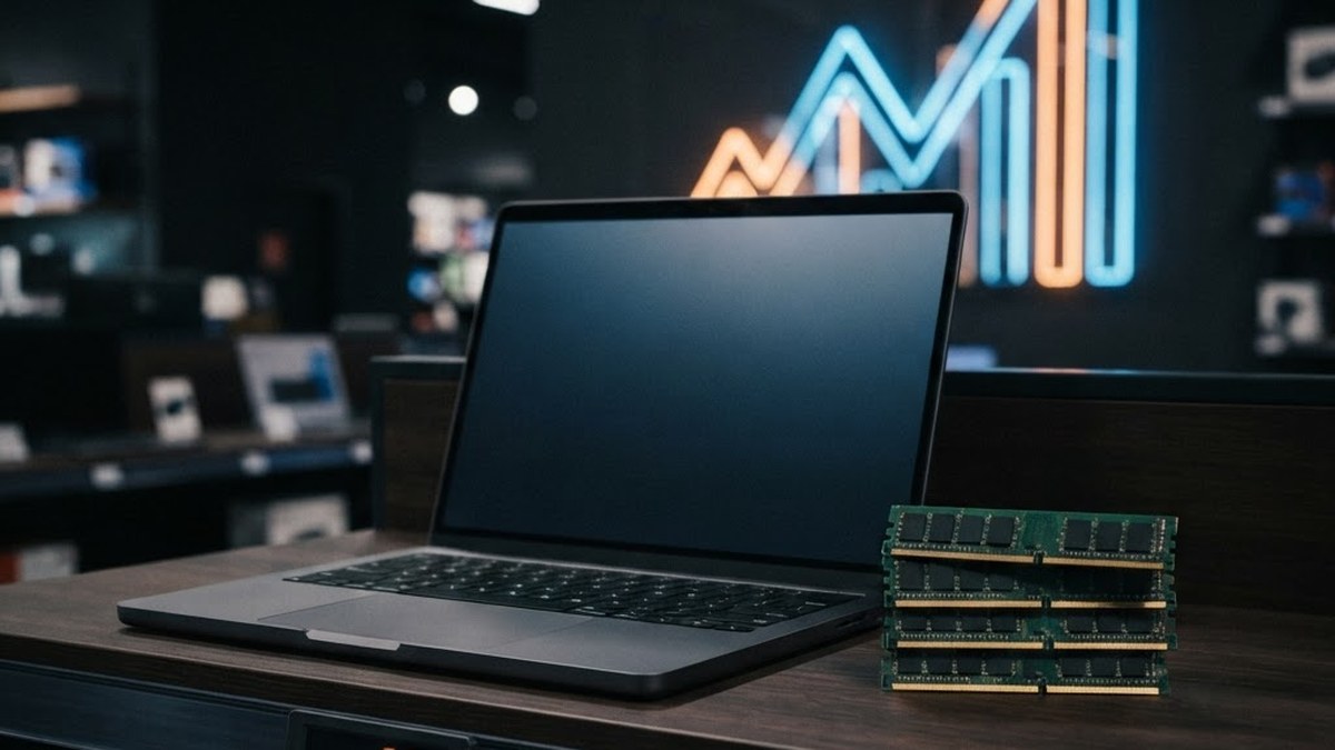 Laptop beside memory chips, rising price concept, AI illustration