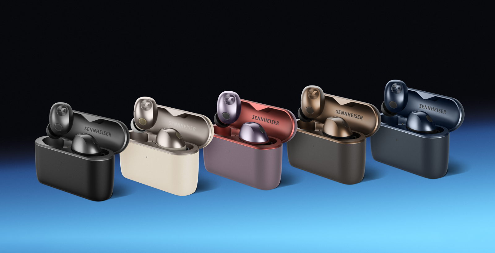 Sennheiser Momentum True Wireless 5 earbuds in open case showing the range of color options