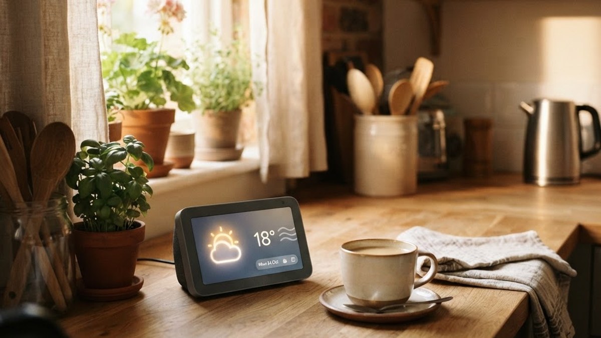 Smart display on a kitchen counter, AI illustration