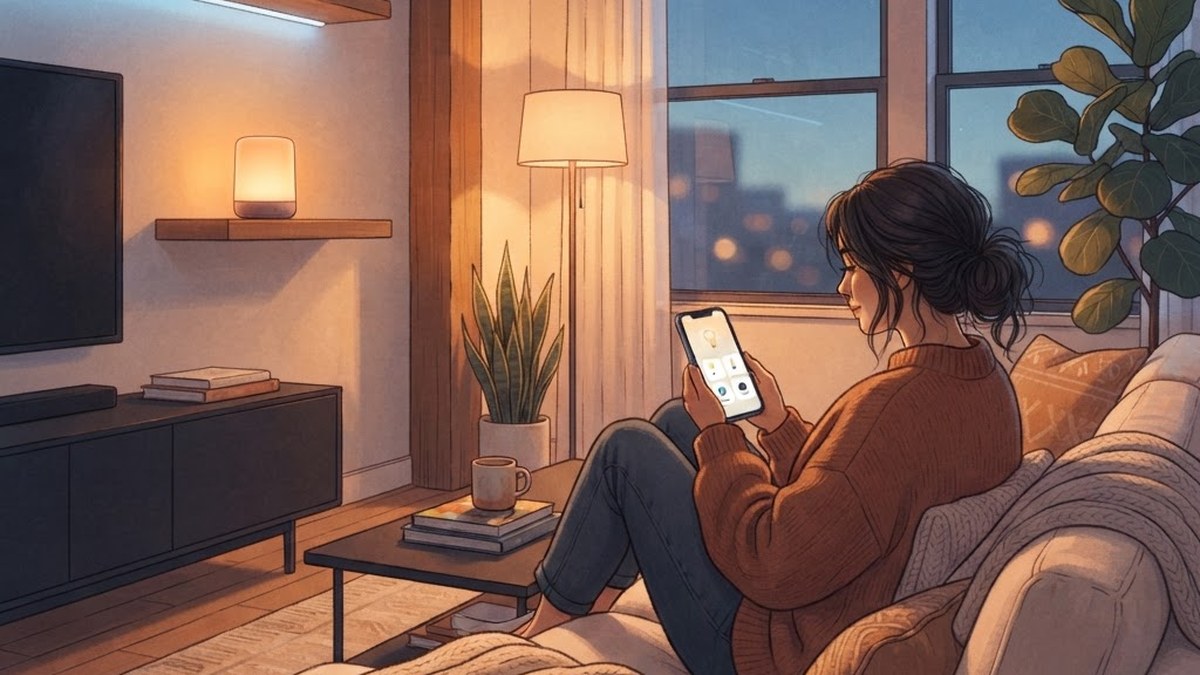 Smart home living room with hub device, AI illustration