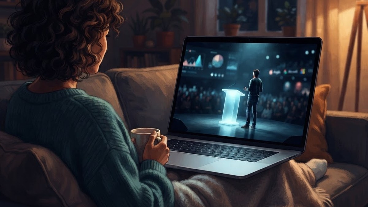 Watching an Apple keynote livestream on a laptop