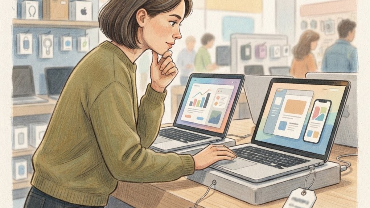 Comparing two laptops while shopping, AI illustration