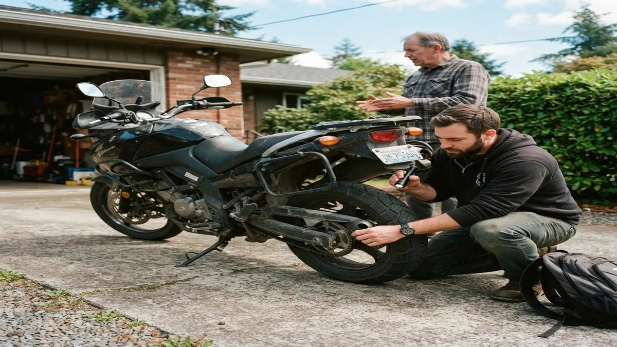 Person inspecting a used motorcycle before buying