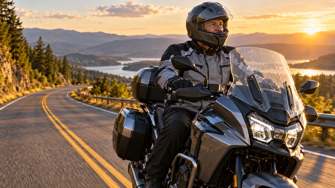 Older motorcycle rider taking a break on a long touring ride