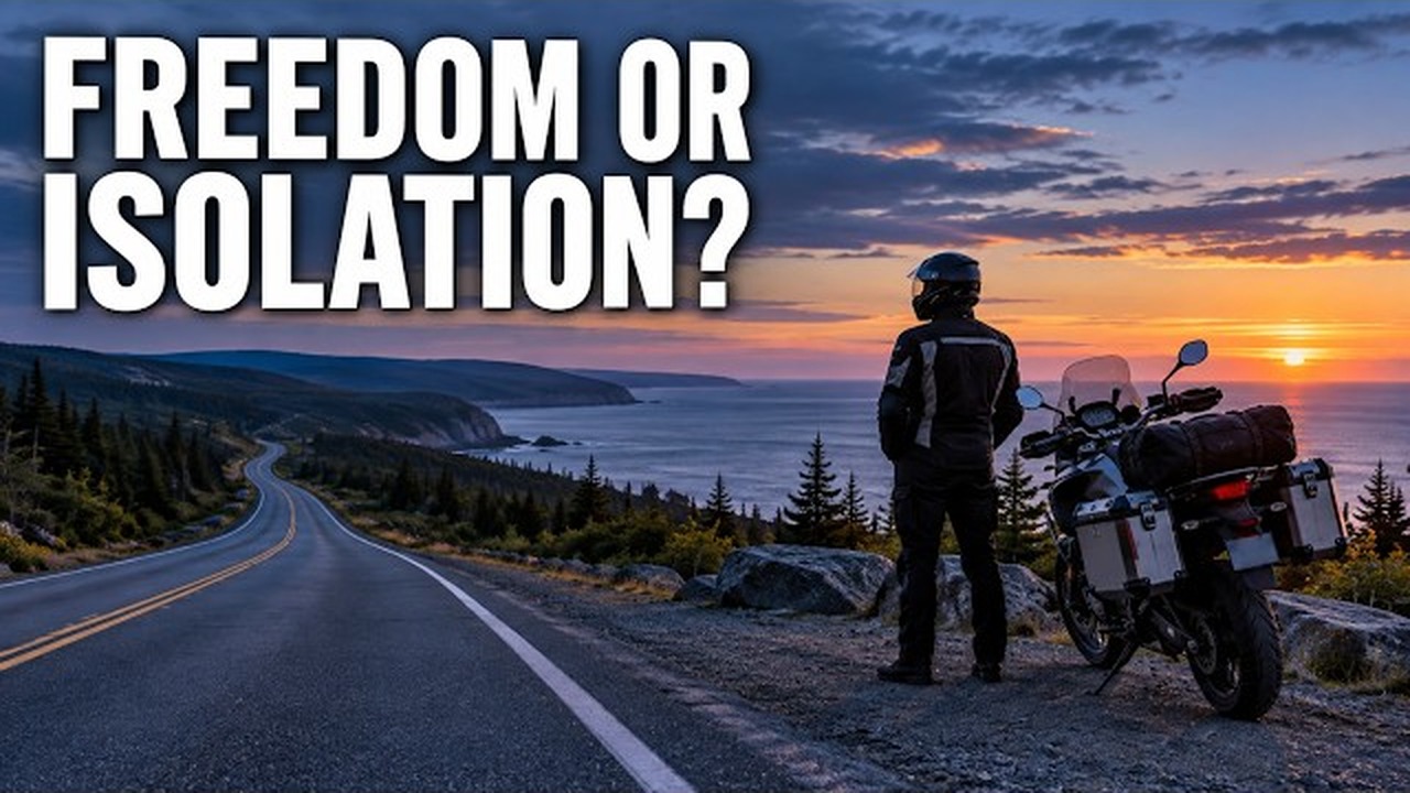 Solo motorcycle traveler on an empty highway during a long-distance trip